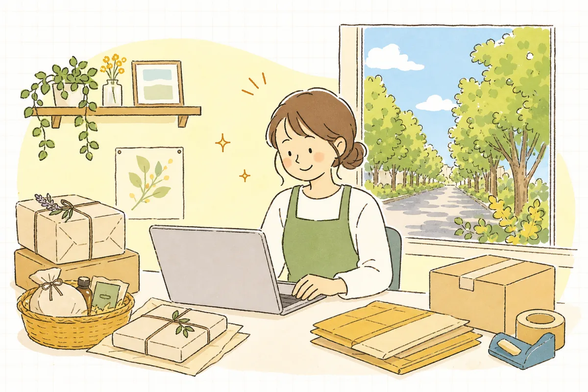 小さく出したTikTok広告がきっかけで新しいお客さんに商品が届き、お店の担当者が手応えを感じて前を向いている明るい情景