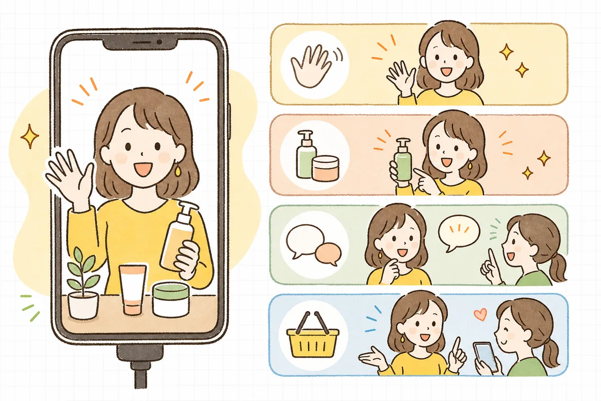 縦型のライブ配信の30分を「つかみ・商品紹介・質問対応・購入案内」の4つの時間帯に分け、上から下へ並べたスマホ画面の素朴な進行図