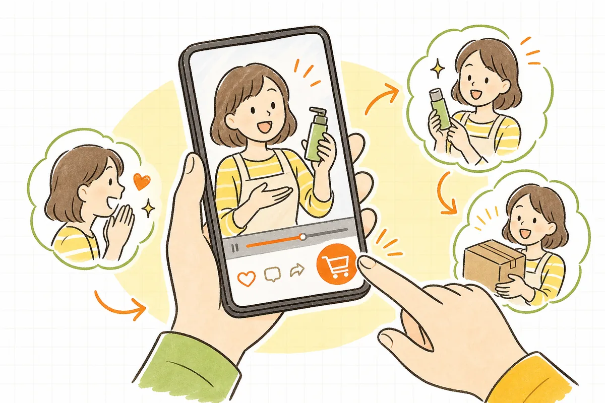 縦型スマホで商品の実演ショート動画を見ながら、その場で買い物カゴに入れる人の手元