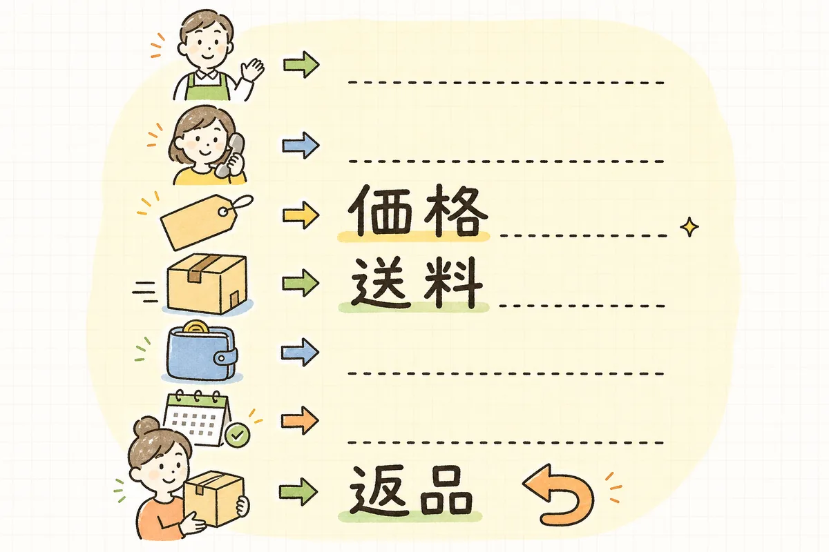 特定商取引法の表記に入れる主な項目（事業者・連絡先・価格・送料・支払い・引渡し・返品）を順番に並べた構成図