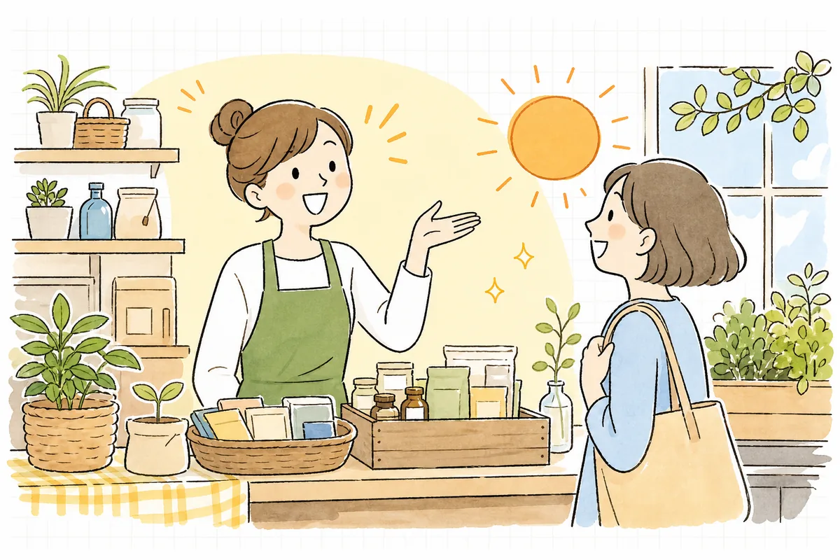 表記を整え終えて安心したお店の人と、安心して買い物を楽しむお客さんが信頼し合っている明るい情景
