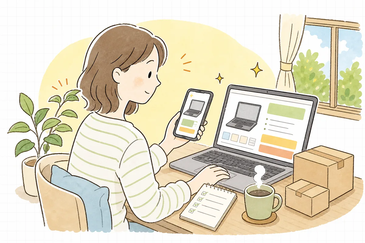 ネットショップの店長が、商品ページと広告の表示項目に抜けがないか、ノートパソコンとスマホを見比べながら一つずつ確認している情景