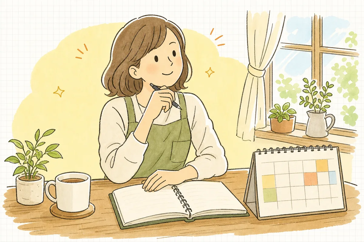 ノートに売上目標の数字を書き出しながら、来期の計画を落ち着いて考えているショップ担当者