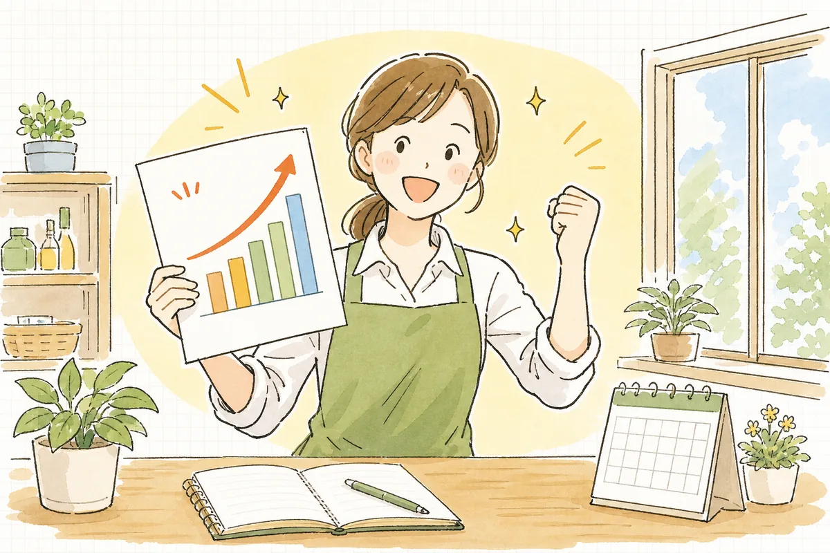 立てた計画どおりに数字が伸び、達成感に笑顔になっているショップ担当者
