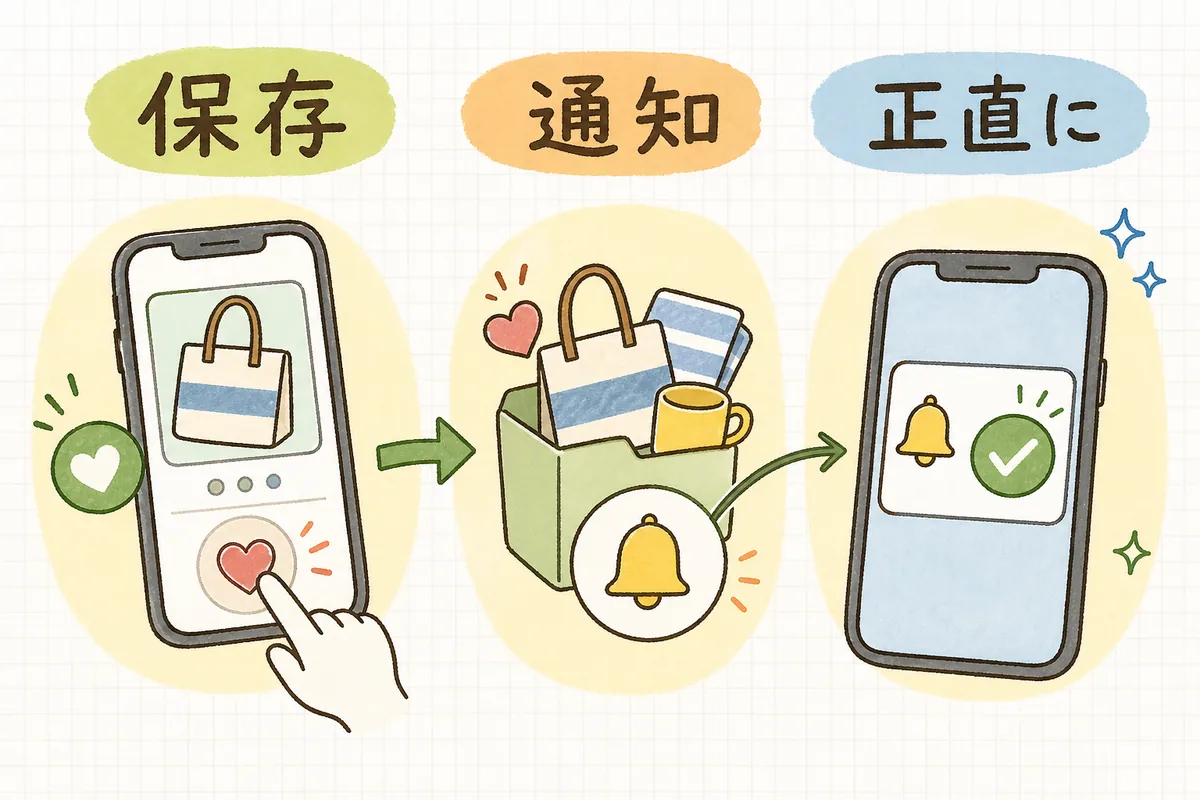 お気に入り活用を「保存のハードルを下げる」「通知で戻るきっかけを届ける」「同意と正直さを守る」の3ステップで組み立てることを示した図