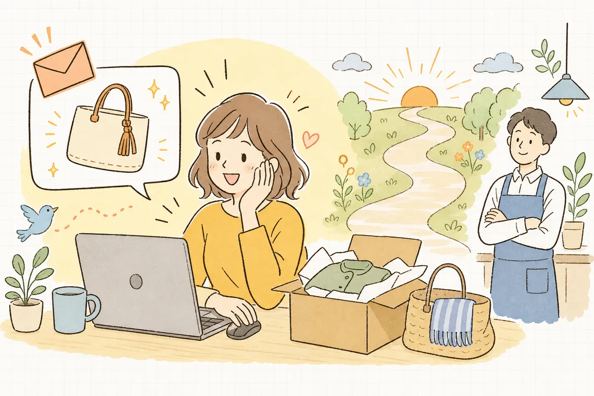 お気に入りに保存した商品の通知をきっかけに、お客さんがネットショップへ戻ってきて気持ちよく買い物を続ける、お店との関係が続いていく明るい情景