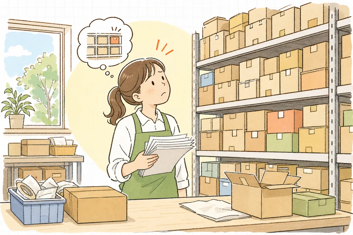 出荷伝票の山を前に、どの棚から何を取ればいいか記憶をたどりながら不安げに手を止めているEC倉庫の担当者の情景