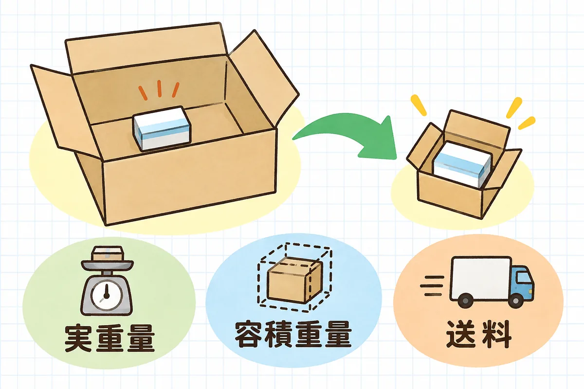 同じ軽い商品を、大きい箱と中身に合った小さい箱で送ったときに、送料の決まり方が変わることを示した比較図