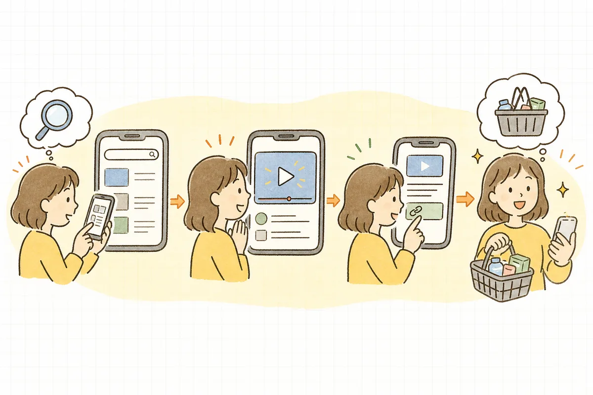 検索で動画にたどり着いた人が、動画を見て、概要欄のリンクから商品ページへ進み、購入につながる流れを左から右へ表した素朴な図