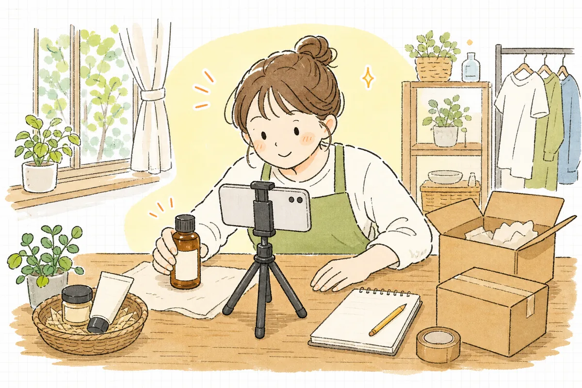 小さなネットショップの作業台で、スマホと簡易な三脚を使って商品を撮影しながら、動画発信に一歩踏み出したEC担当者