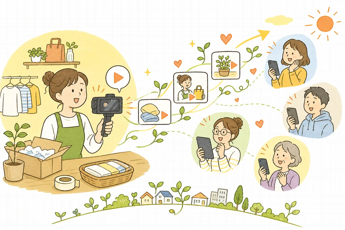 撮りためた動画が検索や関連から見つけられ、買う前のお客さんとお店が動画を通じてつながり、集客が少しずつ広がっていく明るい様子
