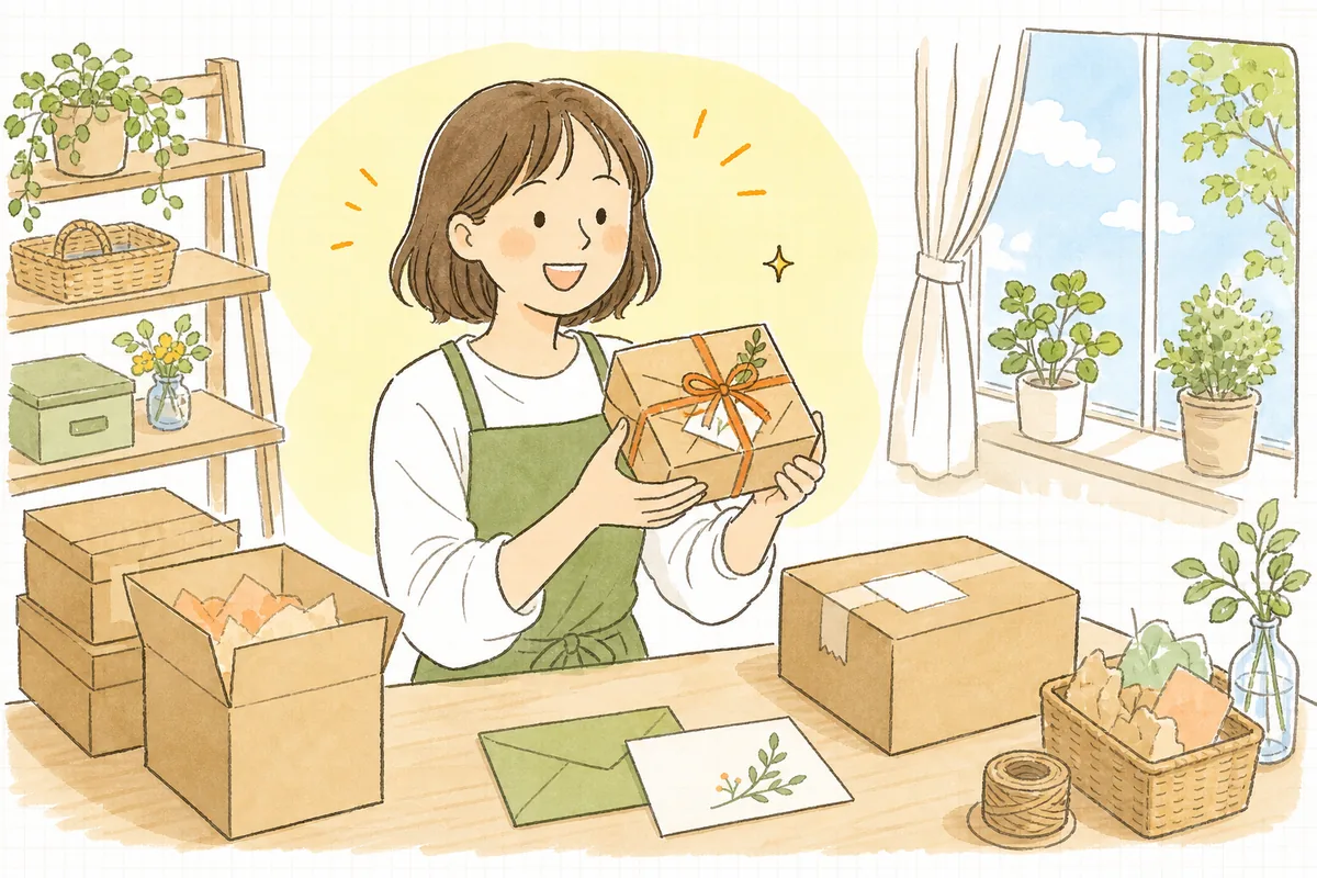いつものお客さんとの温かいつながりを感じながら、前向きな気持ちで仕事に向かうネットショップの店主の様子