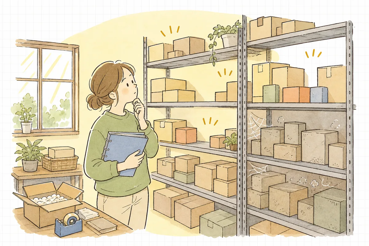 倉庫の棚に商品が積まれ、担当者が在庫リストを片手に「この商品たちは、動いているだろうか」と静かに考えている情景