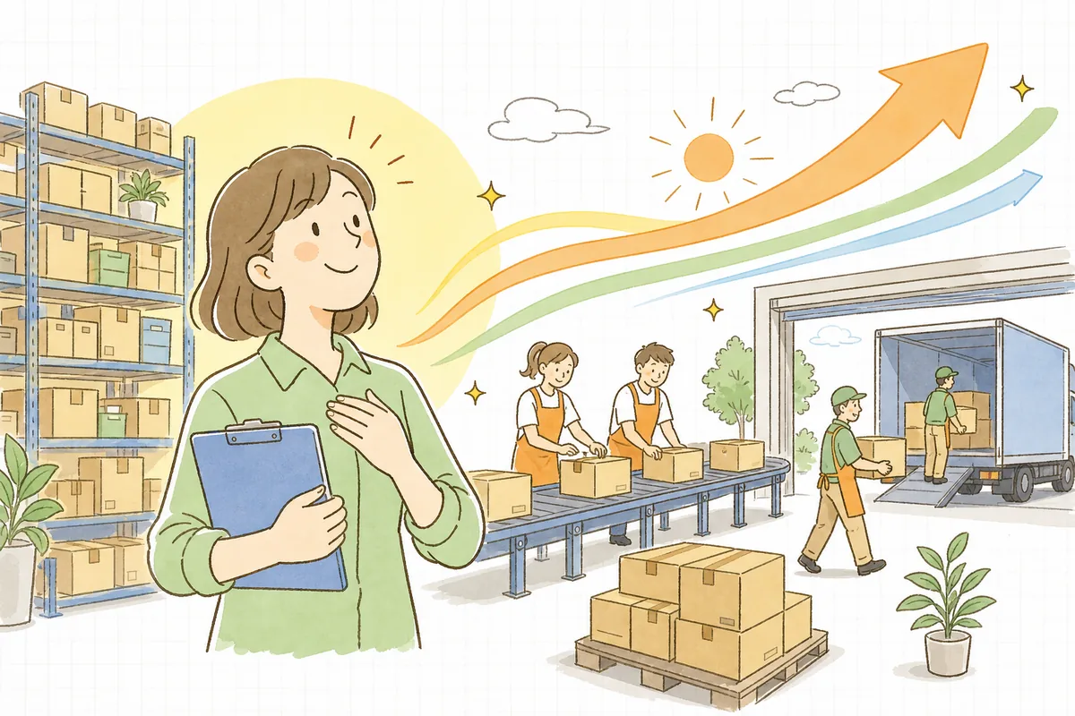 在庫が整理され、よく働く商品が気持ちよく出荷されていき、担当者が手元の資金に余裕を感じて安心して笑顔になっている明るい情景