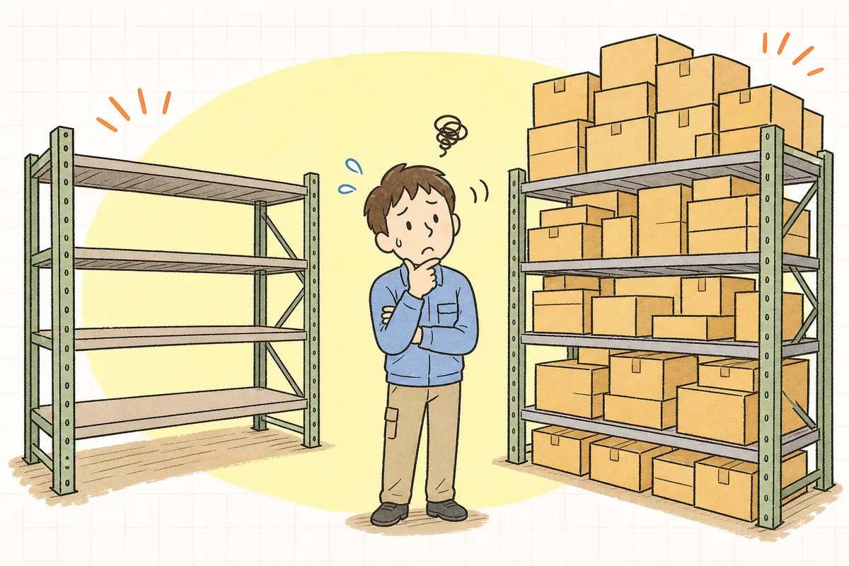 棚の一角だけ空っぽで、隣の棚は箱が積み上がりすぎている倉庫を前に、どう発注すればいいか考え込むEC担当者の情景