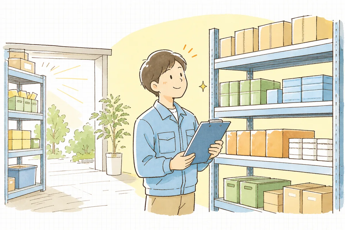 棚の在庫がほどよく整い、発注のリズムが決まって落ち着いた表情で在庫を確認するEC担当者の情景